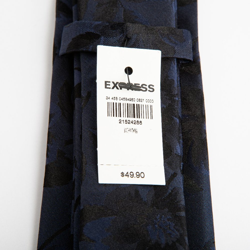 Navy Blue Narrow Floral Silk Tie - Picture 4 of 4